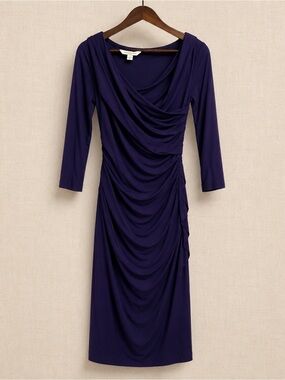 DVF Bentley Ruched Jersey Dress Cobalt Blue Cowl Neck Midi Dress S